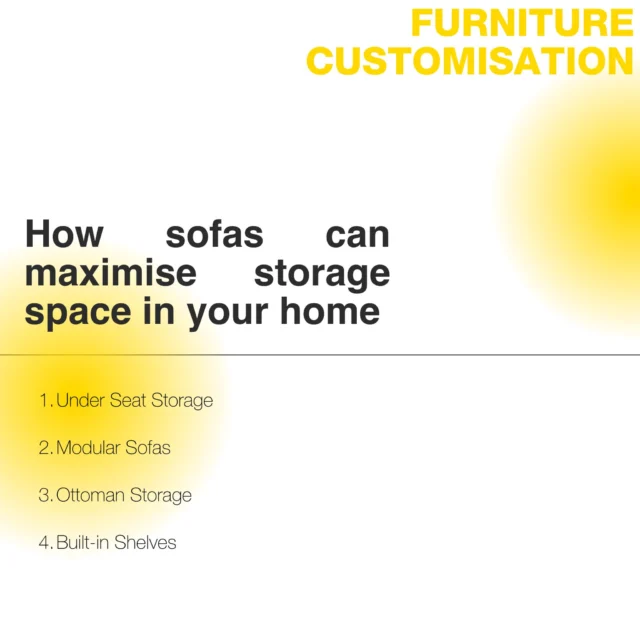 Image 22: Sofas can be cleverly designed to maximise storage space in a home, offering both comfort and functionality. Here are some ways sofas can achieve this: **Under-seat Storage:** Many sofas come with built-in storage compartments beneath the seats, and can be used to store items like extra cushions, blankets and pillows. **Modular Sofas:** Modular designs include hidden compartments or storage units within individual sections, providing an opportunity to maximise space. **Ottoman Storage:** Ottomans that double as storage units are a popular choice. These can have a hinged top that opens to reveal a spacious compartment, ideal for stashing away items like shoes, throws, or kids' toys. **Built-In Shelves:** Sofas with built-in shelving on the sides or backrests provide a stylish way to display books, decorative items, or other personal belongings. Looking for a sofa that seamlessly combines comfort and storage functionality in your home? Schedule a chat with us today to customise the sofa of your dreams. #sofastorage #StorageSpaceIdeas #furniturecustomisation #underseatstorage #modularsofa #ottomanstorage #seatware #interiordesign #sustainablestyle